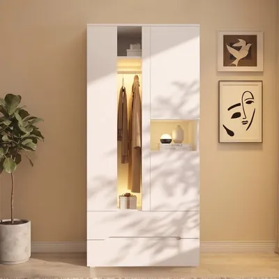 Imagen del producto de Armario con luz LED (90x50x200 cm), armario con puertas batientes, barra para colgar, 3 puertas, 2 cajones y un elemento de vidrio, color blanco
