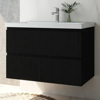 Produktbild von Waschtisch mit Unterschrank 80cm BOKAV Badmöbel Set Schwarz Rechteckiges Waschbecken mit Unterschrank Softclose