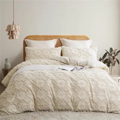 Obrázek produktu pro Sada povlečení 135x200 cm, béžová, s texturou, v bohémském stylu, s výšivkou. Obsahuje: 1 povlak na peřinu, 1 povlak na polštář
