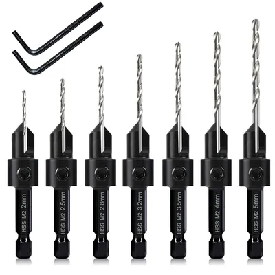 Immagine prodotto di Set di 7 punte da trapano con codolo esagonale da 6 mm, multifunzione (3-in-1), con profondità di taglio regolabile e angolo di 82 gradi