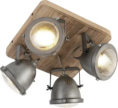 Zdjęcie produktu dla QAZQA – Industrialny I Vintage I Industrialny Spot I Spotlight I Spot sufitowy I Reflektor sufitowy I Reflektor I Lampa I Oprawa oświetleniowa stalowa I nikiel matowy z drewnem, odchylana, 4-punktowa, belka świetlna – Emado I Salon