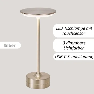 Produktbild von LED Tischlampe mit Touchsensor – 3 Farbtemperaturen dimmbar – USB wiederaufladbar & kabellos – Moderne Nachttischlampe – Silber