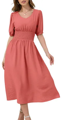 Imagen del producto de Vestido midi de verano para mujer, confeccionado en viscosa, estilo vintage, elegante y con un diseño rosa