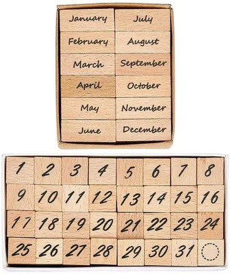Productafbeelding van Houtstempelset, 44 stuks - Houtstempels - Cijfers 0/31 - Maandstempels - Decoratieve stempels - Ideaal voor scrapbooking en postzegels