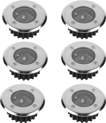 Six round, silver and black solar LED ground lights arranged in two columns of three.