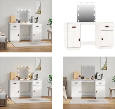 Produktbild von vidaXL Schminktisch Set mit LED Weiß Massivholz Kiefer - Schminktisch-Set - Schminktisch-Sets - Frisiertisch - Schminktisch