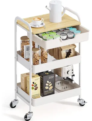 Immagine prodotto di Carrello portaoggetti a 3 ripiani con piano, in metallo, color crema, 47x30x75 cm