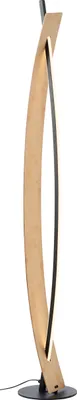 A floor lamp with a curved wooden and black metal design.