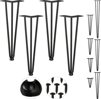 Zdjęcie produktu dla Relaxdays Nogi typu „hairpin”, zestaw 4 szt., 3 rozpórki, metalowe, nogi stołowe typu „hairpin” do stołków, stołów i szafek, wysokość 40 cm, kolor czarny