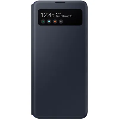A dark blue Samsung flip case for a smartphone, with the time and date displayed on the transparent window.
