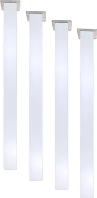 Four white table legs are arranged vertically against a white background.