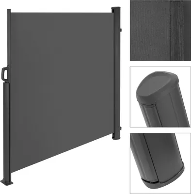 A retractable privacy screen or windbreak, shown in a neutral setting.