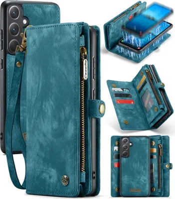 Produktbild von Schutzhülle für Samsung Galaxy A35, Vintage Multifunktions Lederhülle, Kartenfächer, Reißverschluss Hülle Blau