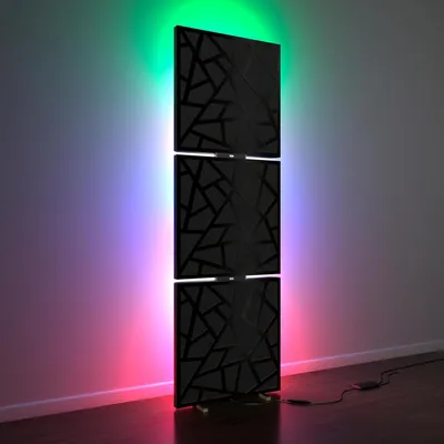 Immagine prodotto di Confezione da 3 – Pannelli acustici «SKYROSS» con lampada da terra a luce RGB | Supporto acustico mobile a LED con retroilluminazione | 150x50x5 cm | Nero
