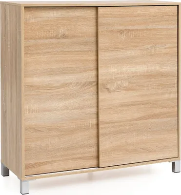A light brown wooden cabinet with sliding doors on a white background.