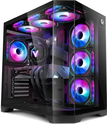 A gaming PC with multiple RGB fans inside a glass-cased computer tower.