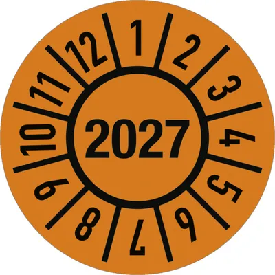 Produktbild von Dreifke® Prüfplakette Jahr 2027 mit Monaten, Folie, Ø 30 mm, 10 Stück/Bogen