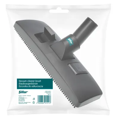 A vacuum cleaner brush head packaged in a clear plastic bag with a label.