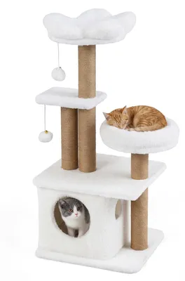 Image de Arbre à gratter FANTASK de 96 cm avec cachette pour chat, plateforme, panier pour chat et 2 jouets suspendus