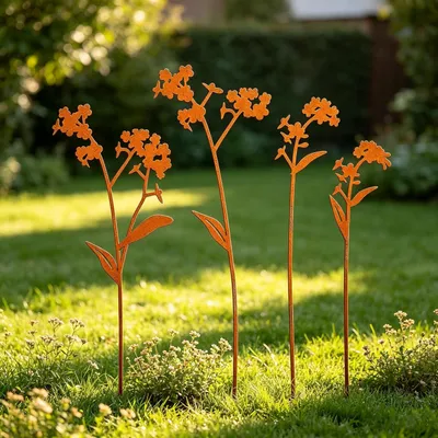 Produktbild von 4 Metall-Blumenstecker in Rostoptik für Garten, Hof, Rasen und Außenbereich – Gartendekoration für Frühling und Sommer