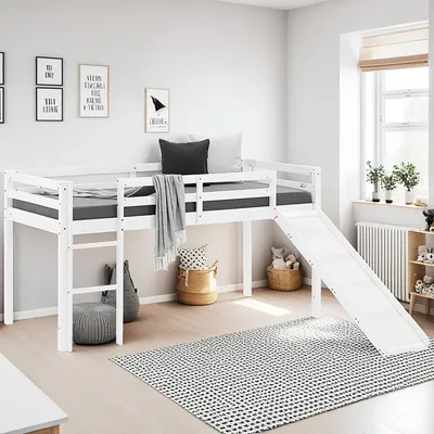 Obrázok produktu pre Homestyle4u Podkrovná posteľ so šmykľavkou Poschodová posteľ Detská posteľ biela 90x200 cm