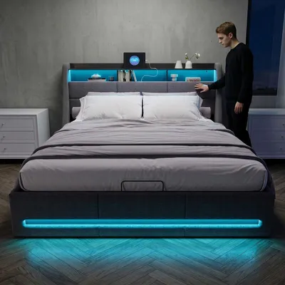 Obrázek produktu pro Šedá čalouněná plynová postel ProximaX 160×200 cm s úložným prostorem, LED osvětlením, světelnými lištami v čele a nohách postele a připojením USB - moderní manželská postel s čelem a úložným prostorem pod postelí