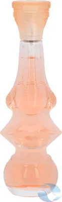 A perfume bottle with peach-colored liquid.