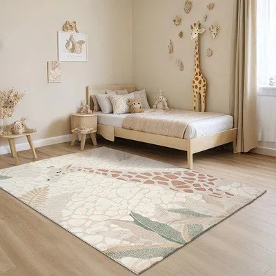 Image de Tapis pour enfants Unyqoos® Safari, motif girafe – tapis de jeu doux dans des tons neutres, dimensions 80 x 150 cm, peluche de 14 mm, composition : 50% polyester / 50% polypropylène, Oeko-Tex®
