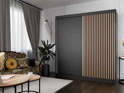 Produktbild von Kleiderschrank Lili mit Lamellen 200 cm inklusive 2 Schiebetüren Schwebetürenschrank Kleiderstange Garderobe Schrank Lieferung bis in die Wohnung (Farbe: schwarz, schwarz, Lamelle wotan)