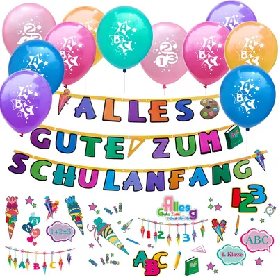 Produktbild von Oblique Unique Schuleinführung Schulanfang Einschulung Deko Set - Luftballons + Girlande + Kinder Tattoo Set