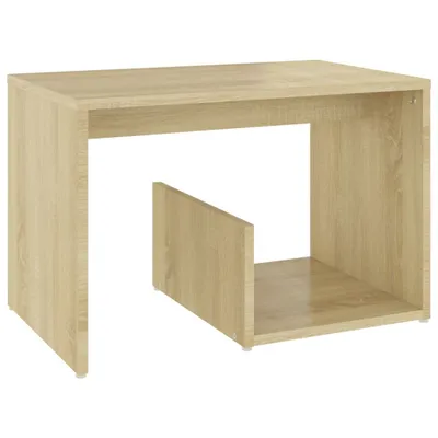 A light brown wooden side table with an open shelf.