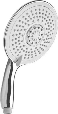 A hand shower head with a chrome handle and white faceplate with multiple spray nozzles.