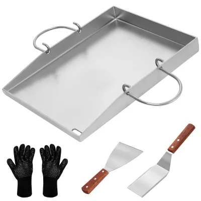 Produktbild von Grillpfannen Set Camping - Plancha Grillplatte - Mit Spatel, Grillkörben, Servierplatte für Holzkohlegrill - Silber