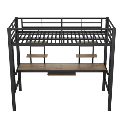 Produktbild von Merax Etagenbett Hochbett 90x200cm Kinderbett mit Schreibtisch, 2 Bücherregalen und Leiter, Bettgestell Metallbett Eisenbett Jugendbett, Schwarz