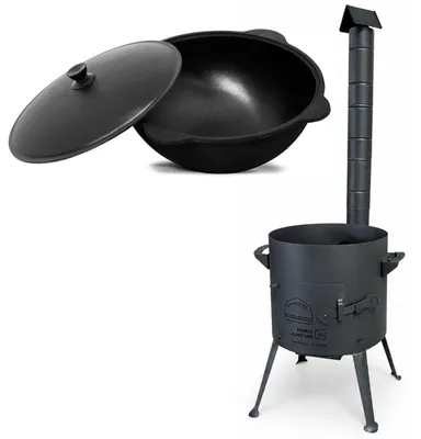 Produktbild von Ø36cm Uchag 2mm Stahl mit Abzugsrohr 10L Kazan Gusseisen Utschak Utschag Feldküche WOK Kasan  Feuerstelle Campingofen Außenküche Eintopfofen