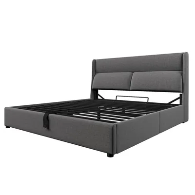 Produktbild von Flieks Polsterbett 140x200cm mit Lattenrost, Boxspringbett mit Verstellbarem Kopfteil, Doppelbett mit Stauraum, Jugendbett Stauraumbett, Leinen, Grau