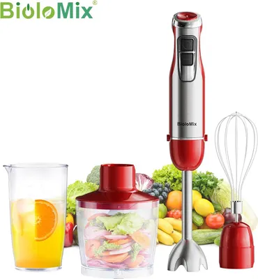 Obrázok produktu pre Ručný mixér 4 v 1 – Sada ručného mixéra HB1200 – 1200 W – 6 rýchlostí – Turbo – 4 nože z nehrdzavejúcej ocele – S drvičom a nádobou na smoothie – Červená