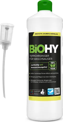 Produktbild von BIOHY Teppichreiniger für Waschsauger (1l Flasche) + Dosierer | geeignet für alle Waschsauger | entfernt Flecken und Schmutz mühelos | Reinigung und Pflege in nur einem Arbeitsgang