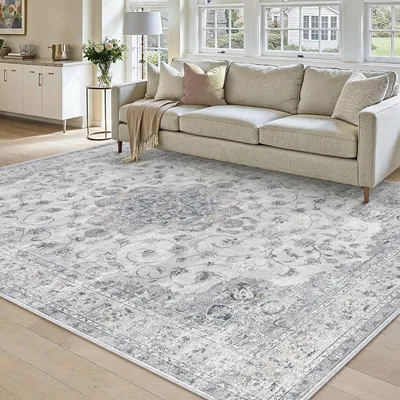 Image de Tapis vintage bleu, 160 x 230 cm, lavable, antidérapant, à poils courts, idéal pour le salon