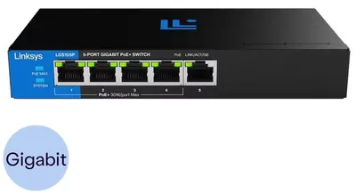 Zdjęcie produktu dla Linksys LGS105P-KE, Nie zarządzany, L2, Gigabit Ethernet (10/100/1000), Obsługa PoE, Desktop