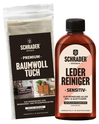 Produktbild von SCHRADER Leder Reiniger + Baumwolltuch - zweiteiliges Set zur einfachen Reinigung und Pflege von Glatt- und Rauledern - Germany