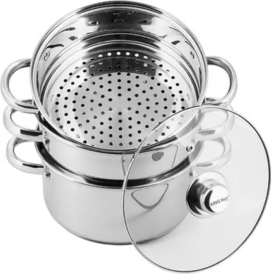 A stainless steel steamer pot with a glass lid.