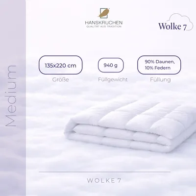 Produktbild von HANSKRUCHEN Wolke 7 Daunendecke 135x220 cm Medium 90% Daunen waschbar Allergiker Bettdecke atmungsaktiv Kassettendecke weiß