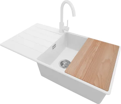 Produktbild von PRIMAGRAN Granitspüle Weiß 90x50cm, Spülbecken 1 Becken + Küchenarmatur 32x20cm + Ablauf-Set + Schneidebrett, Küchenspüle ab 60er Unterschrank - Kopenhagen