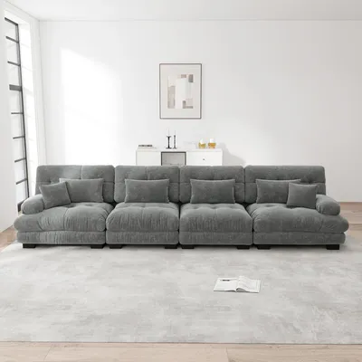 Image de Canapé d'angle quatre places en chenille avec assise profonde, convertible, rembourré, 406 x 77 x 81 cm, gris