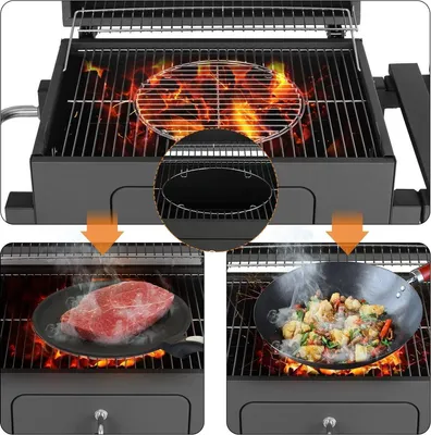 Obrázek produktu pro Gril na dřevěné uhlí na kolečkách – s nastavitelnou výškou – s víkem a teploměrem – 113 x 53,5 x 100 cm