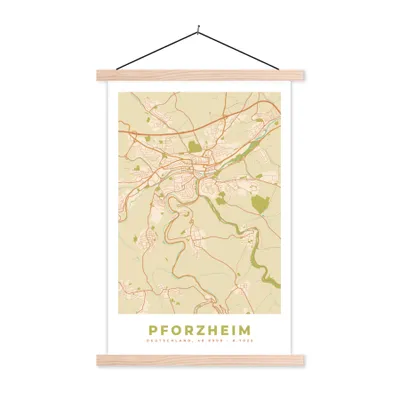 Produktbild von MuchoWow® Textilposter Pforzheim - Karte - Vintage - Stadtplan 120x180 cm mit holzfarbenen Rahmen - Textil-Plakat