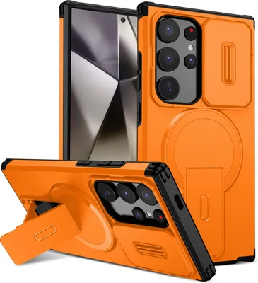 Image de Étui magnétique pour Samsung Galaxy S24 Ultra, étui durable à deux couches avec protection coulissante de l'appareil photo et support réglable Orange