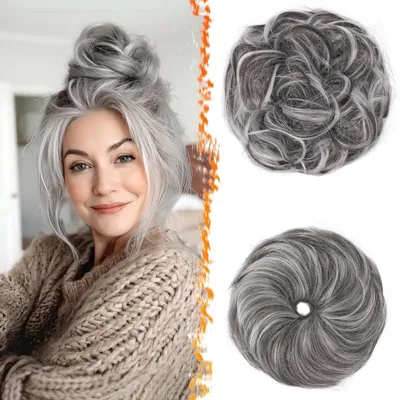Immagine prodotto di Haarteile per chignon disordinato, 2 pezzi, colore marrone scuro e grigio, materiale sintetico, con elastico