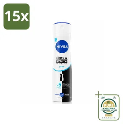 Imagen del producto de 15 unidades de desodorante en spray NIVEA Black & White Invisible Pure, 150 ml, pack ahorro